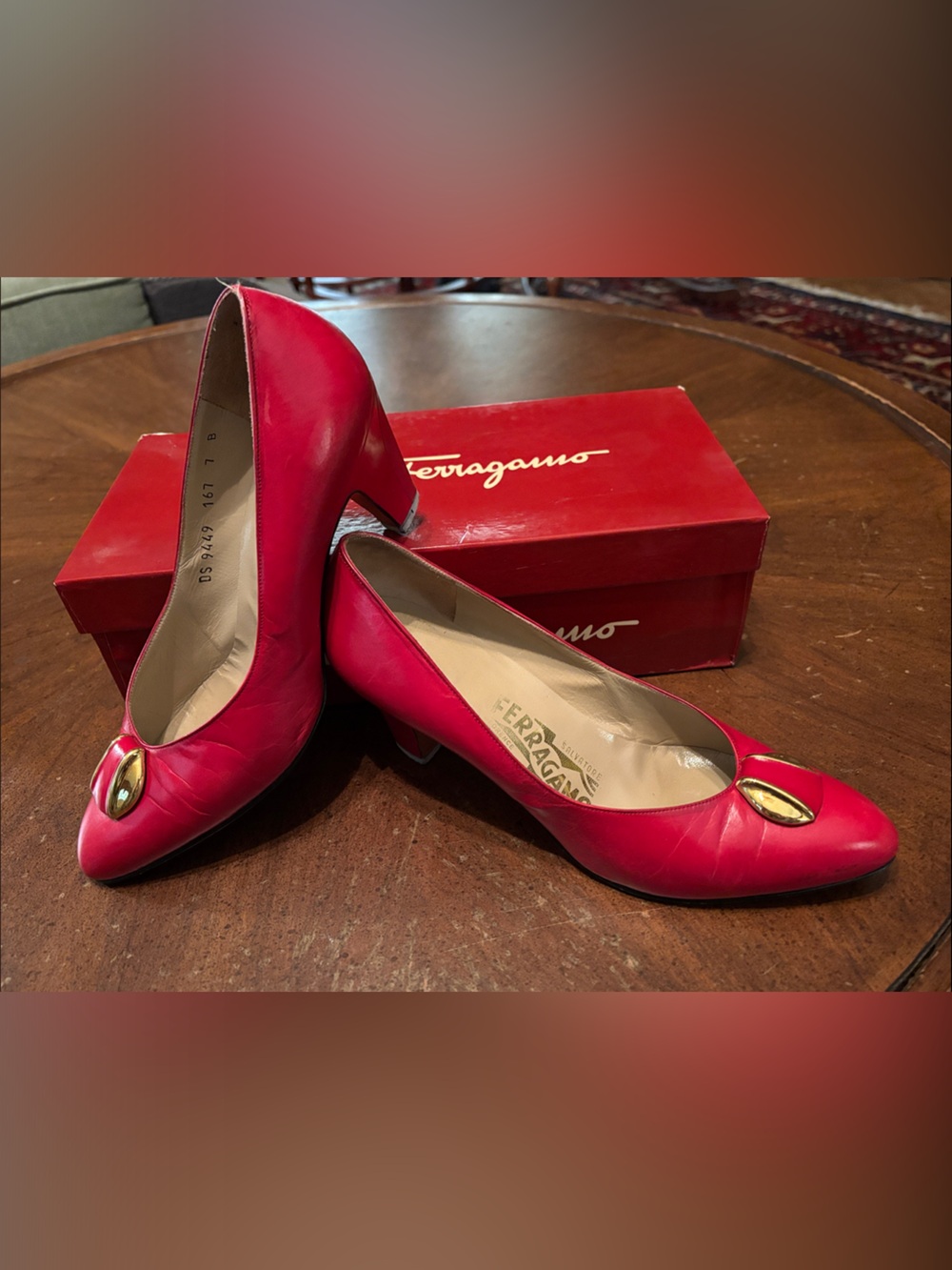 Salvatore Ferragamo Red Leather Mid-Heel Pumps with Gold Accent - Vintage 80s